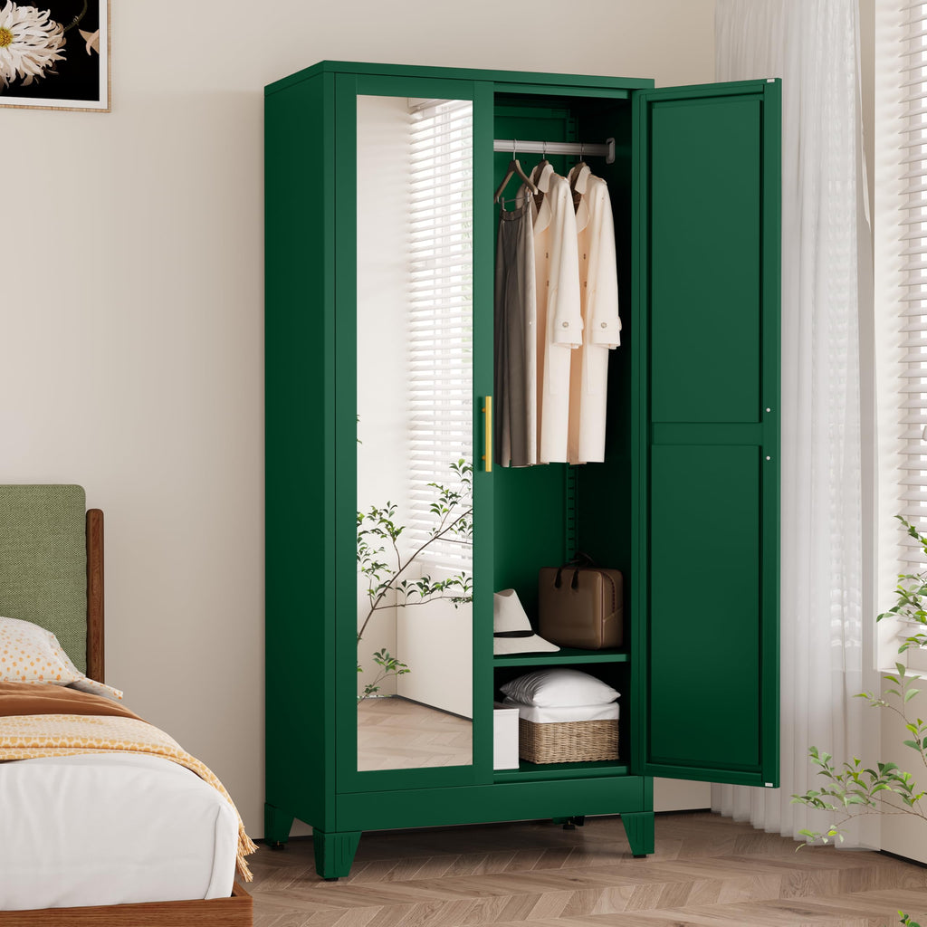 Metal Armoire Wardrobe Closet with 2 Mirror Doors, 71" Wardrobe Cabinet with Adjustable Shelves and Hanging Rod
