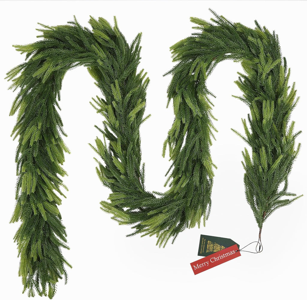 9FT Christmas Norfolk Pine Garland Real Touch Artificial Greenery Garlands Faux Winter Garland for Mantle Fireplace
