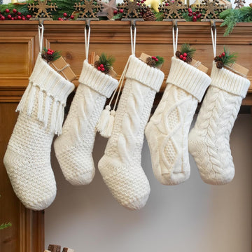 White Farmhouse Christmas Stockings - Rustic Boho Vintage Cable Knit Set, Includes 3 Small 15" and 2 Large 18" - Set of 5