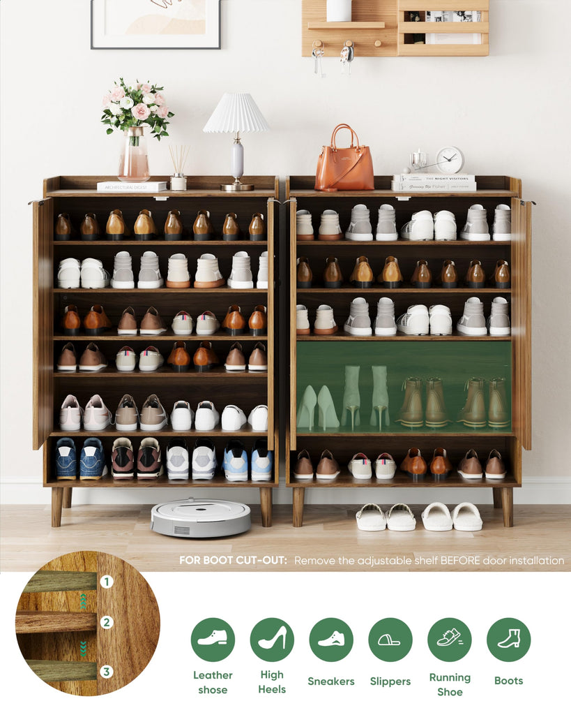 Large 6-Tier Shoe Storage Cabinet with Fluted 2 Doors, 44" Tall Freestanding Entryway Shoe Cabinet with Adjustable