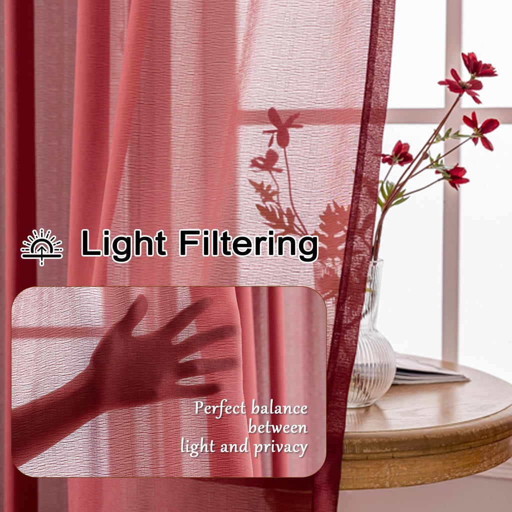 Red Pinch Pleat Sheer Curtains 90 Inch Length with Hooks 2 Panels