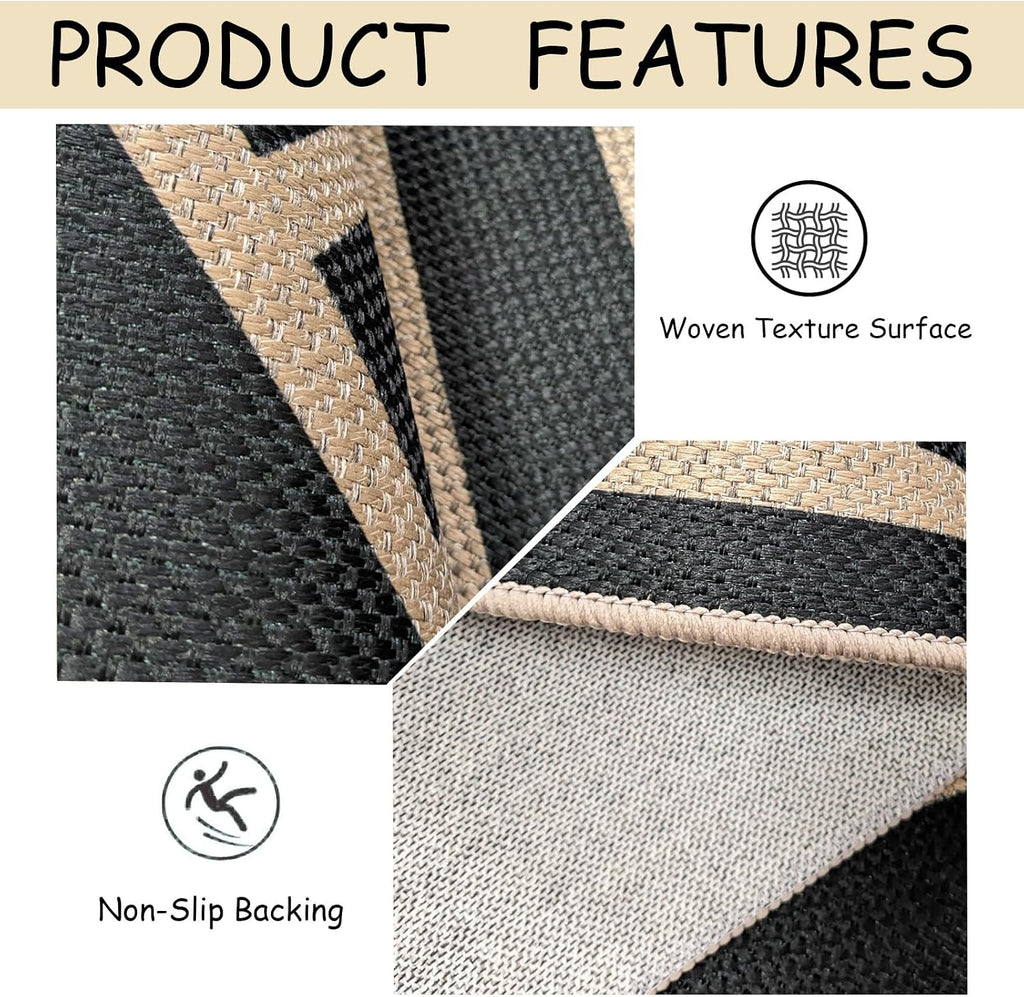 Easy Jute Outdoor Patio Rug Checkered Farmhouse Washable Rugs Indoor Outdoor Area Carpet Non Slip Black Living