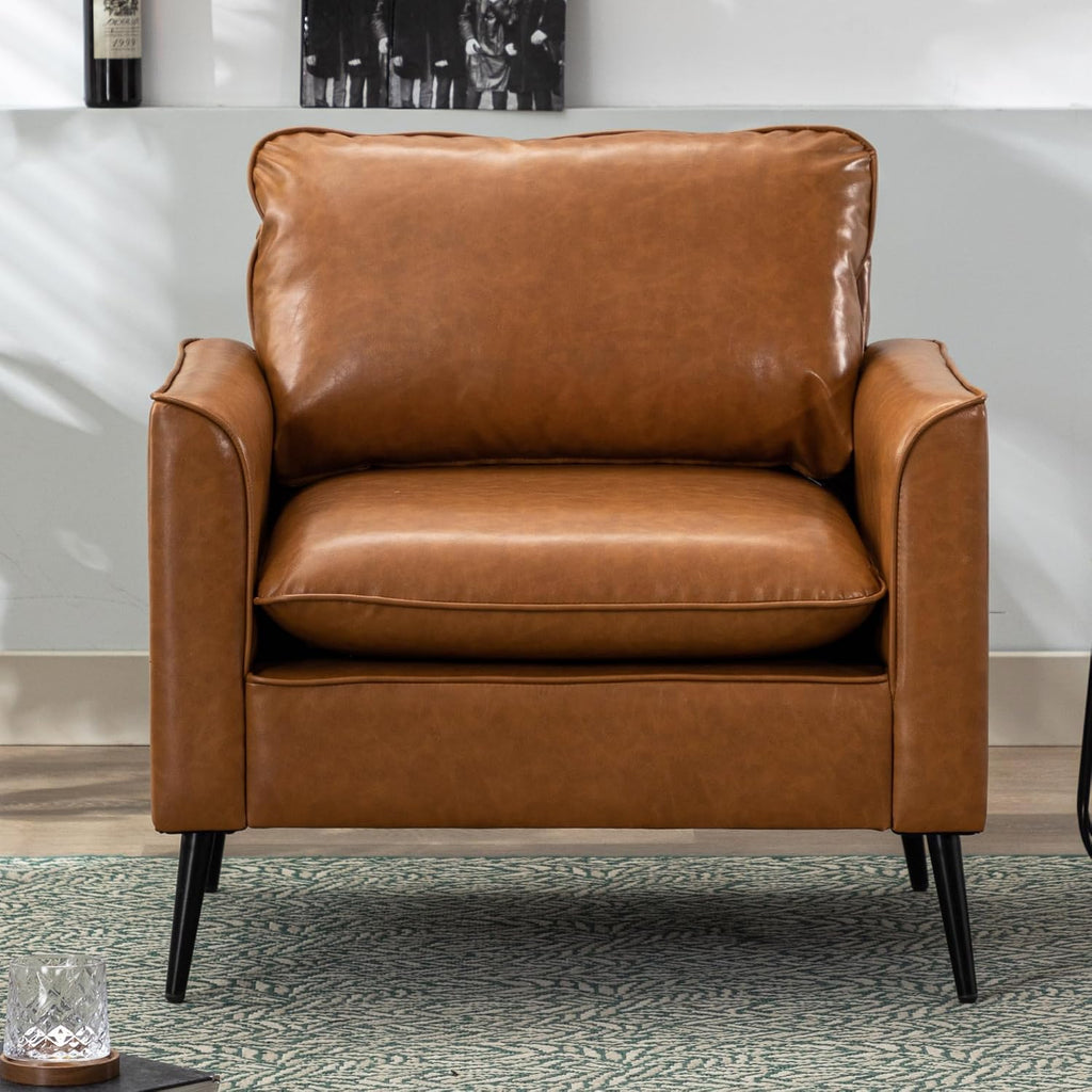 Modern Leather Chair, Oversized Armchair, Mid-Century Accent Reading Chair Comfy, Upholstered Single Sofa - Set of 2