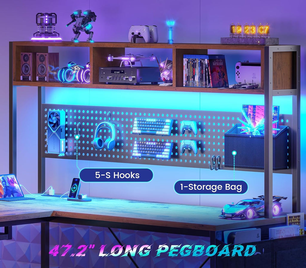 L Shaped Computer Desk, Reversible Corner Desk with Power Outlet | Gaming Desk with Pegboard, Led Lights, Keyboard