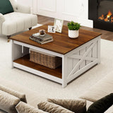 Farmhouse Coffee Table, 31 Inch Square Wood Coffee Table with Storage Shelf