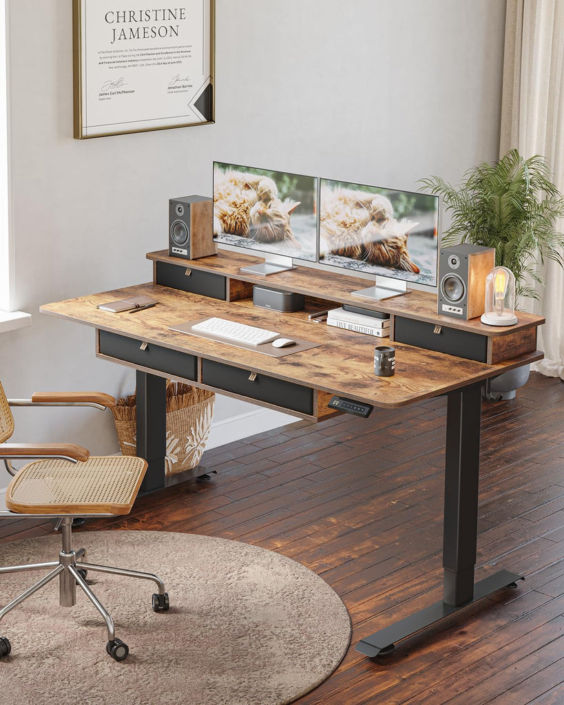 60" x 30" Standing Electric Desk with Drawers, Rustic Brown