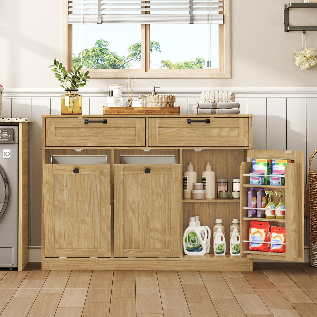 Double Tilt Out Laundry Hamper Cabinet, 43.3" Laundry Cabinet with 2 Removable Baskets, Farmhouse Wooden Hidden Trash