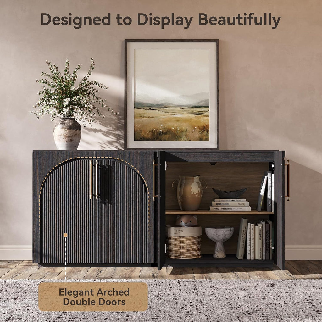 Sideboard Buffet Cabinet with Fluted Doors, 31.5'' W Credenza | Mid-Century Modern Storage Cabinet, Adjustable