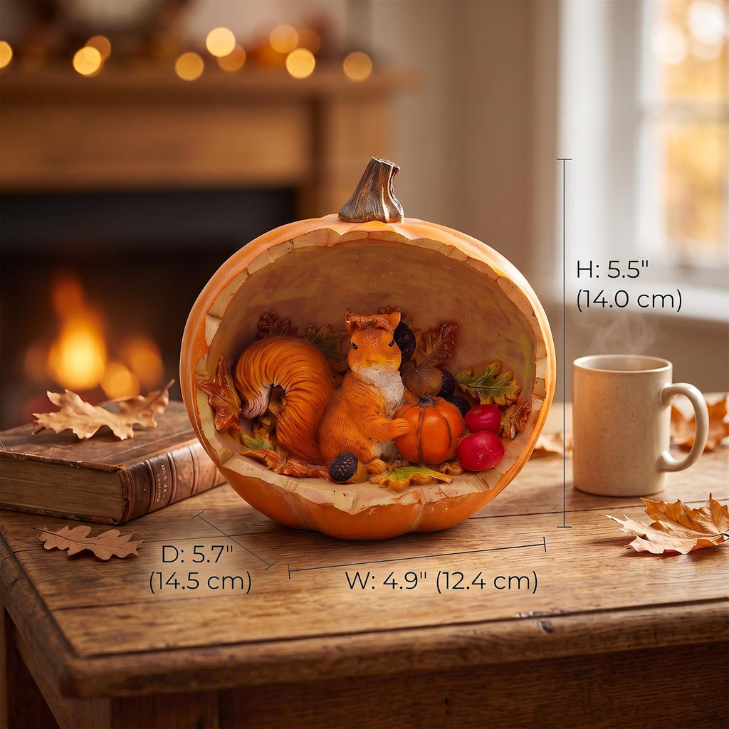 Fall Decor Squirrel Figurine in Pumpkin, Autumn Harvest Resin
