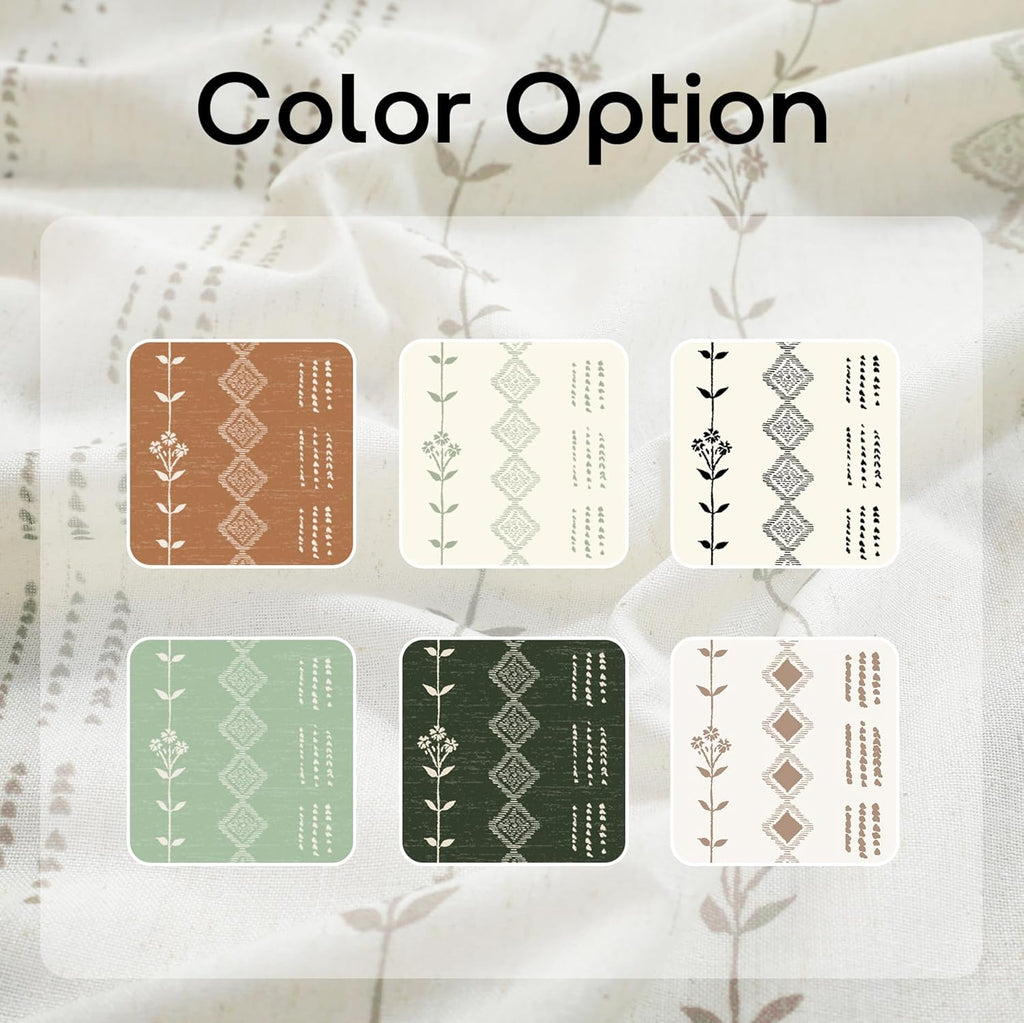 Linen Farmhouse Curtains, Neutral Taupe Cream Light Filtering Boho Sheer Floral Patterned Curtains for Dining Room