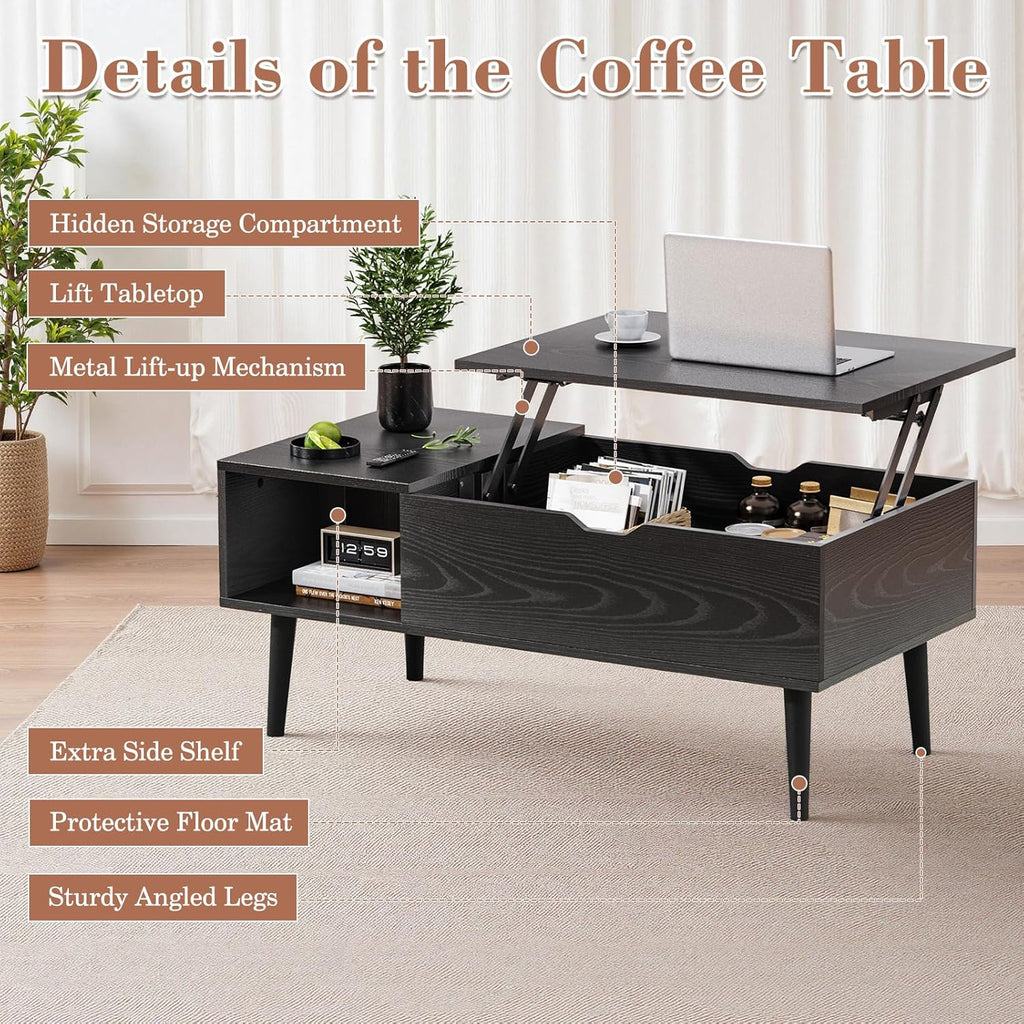 Wood Lift Top Coffee Table with Hidden Compartment and Large Storage Shelf
