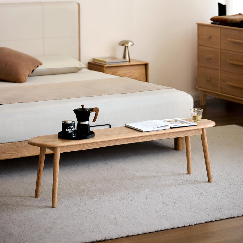 55" Solid Oak Wood Entryway Bench, Dining Bench with Rounded Baguette-Shape Design, Multipurpose Wooden Bench End of