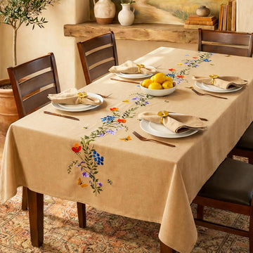 Embroidered Cotton Tablecloth 60 x 60 Inch Square - Washable & Colorfast Table Cover, Farmhouse, Kit