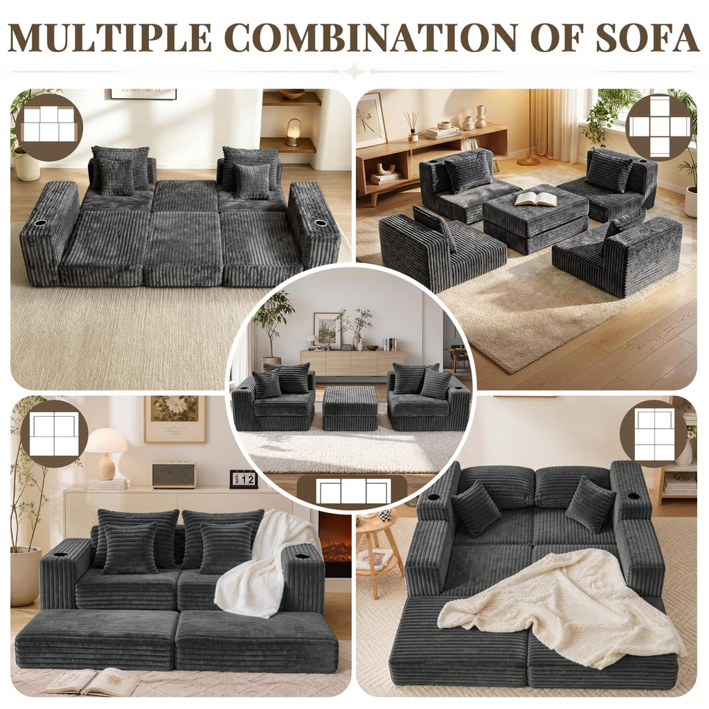 80" Cloud Modular Sectional Sofa, Boneless Corduroy Couch Sofa with Cup Holders & Side Pockets, L-Shaped Couch with