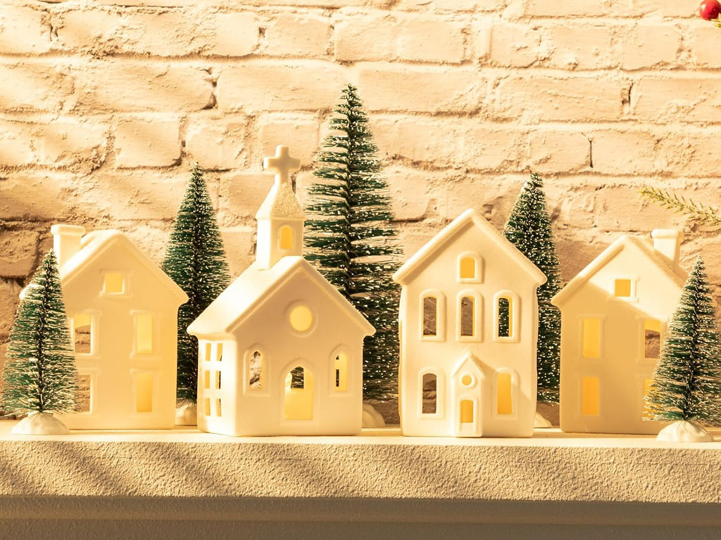 9-Piece Lighted Christmas Village Set, 4 Ceramic Houses & 5 Trees