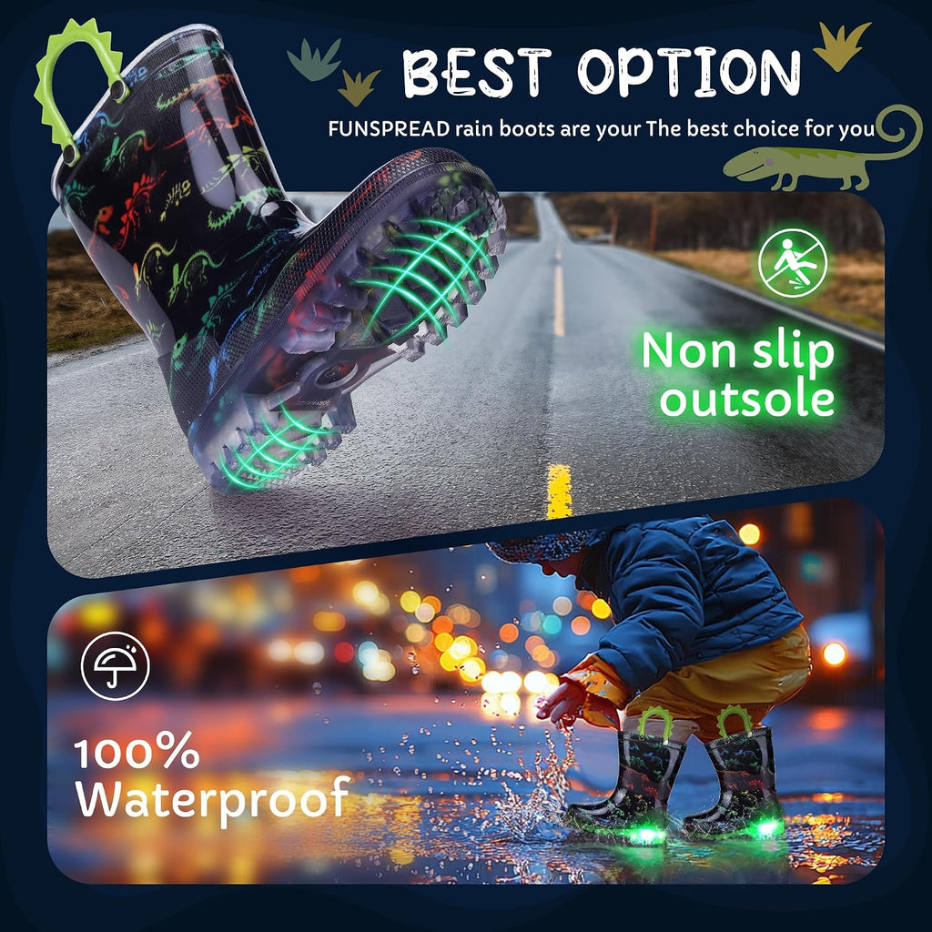 Toddler Kids Rain Boots - Light Up Boys Rainboots Boots Waterproof Lightweight Outdoor Shoes with Easy-On Handles