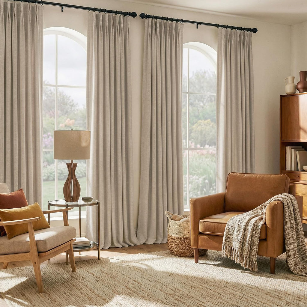 395GSM Heavyweight Pinch Pleat Oatmeal Faux Linen Curtains 84" Long, Room Darkening Thermal Drapes, Double-Sided