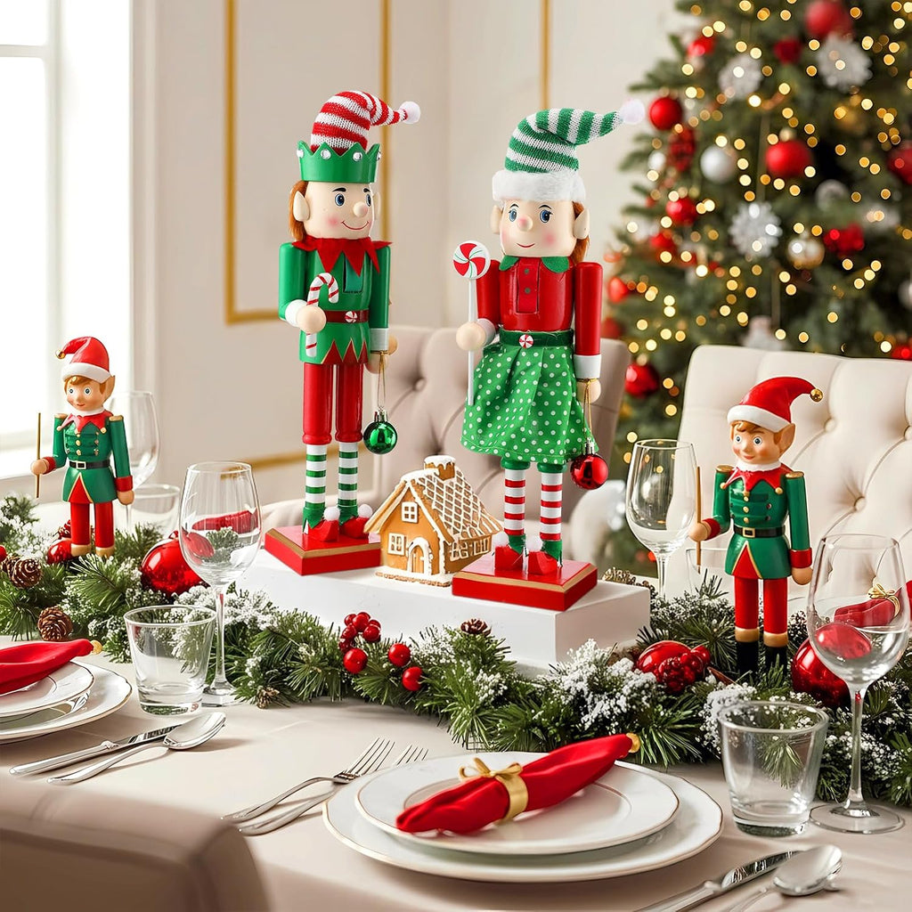 2 Pcs Christmas Nutcracker 14 Inch Wooden Elf Candy Cane Decor