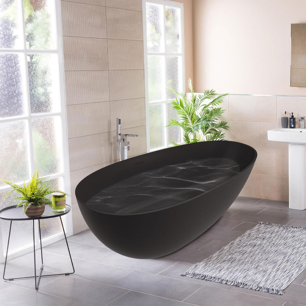 67" Freestanding Bathtub Egg-Shaped Stone Resin Freestanding Tub Solid Surface Matte Black Stand-Alone Tub with Drain