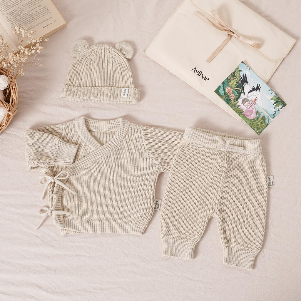 Baby Cotton Knit Set with Hat, Sweater and Pants, Coming Home Outfit (Light Camel, )