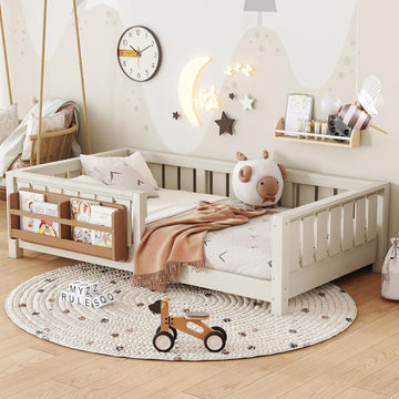 Kids Montessori Floor Bed Frame with Bookshelf and Guardrail, Solid Wood Floor Bed Frame with Slats for