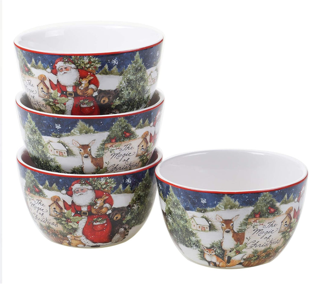 Magic of Christmas 16pc Ceramic Dinnerware Set - Santa and Woodland Animals Holiday Plates, Bowls & Mugs, Dishwasher