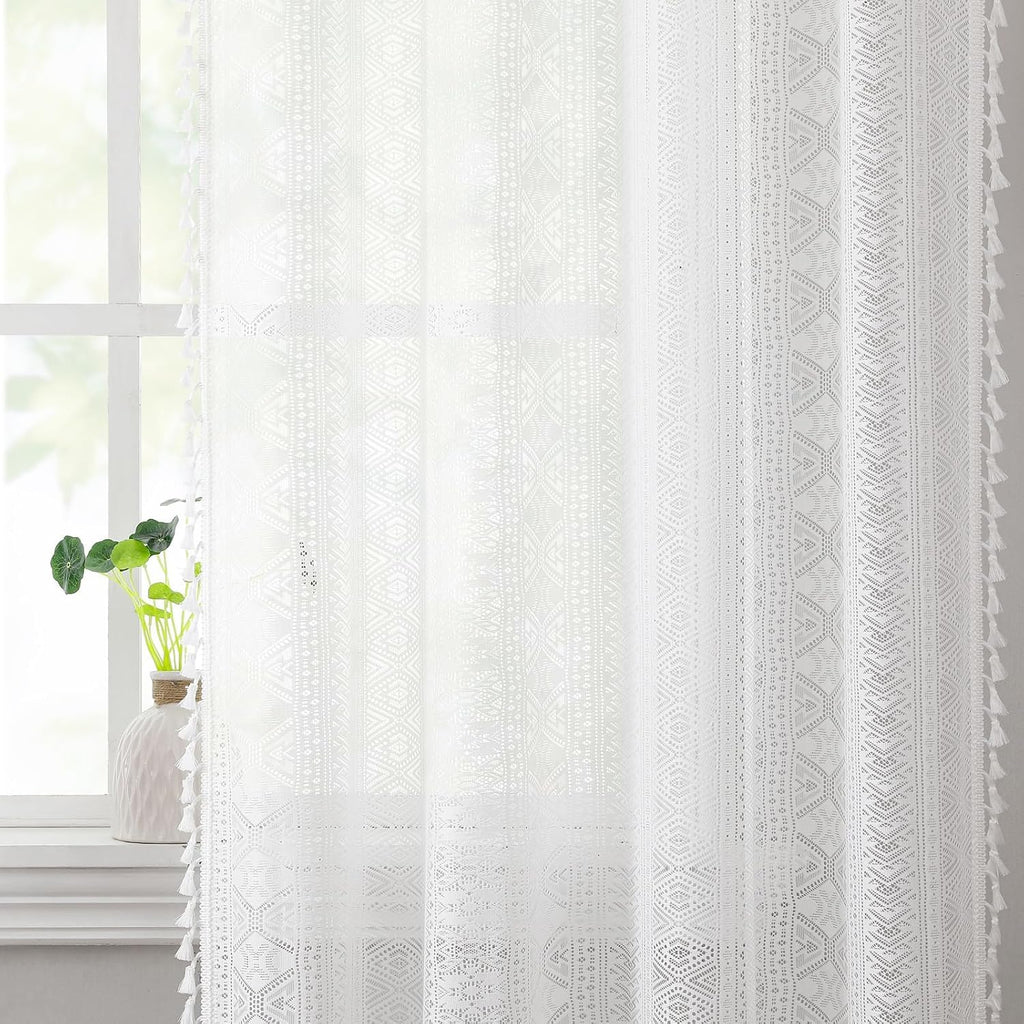 White Boho Sheer Lace Window Curtains with Tassel, 40" Wx72 Lx2