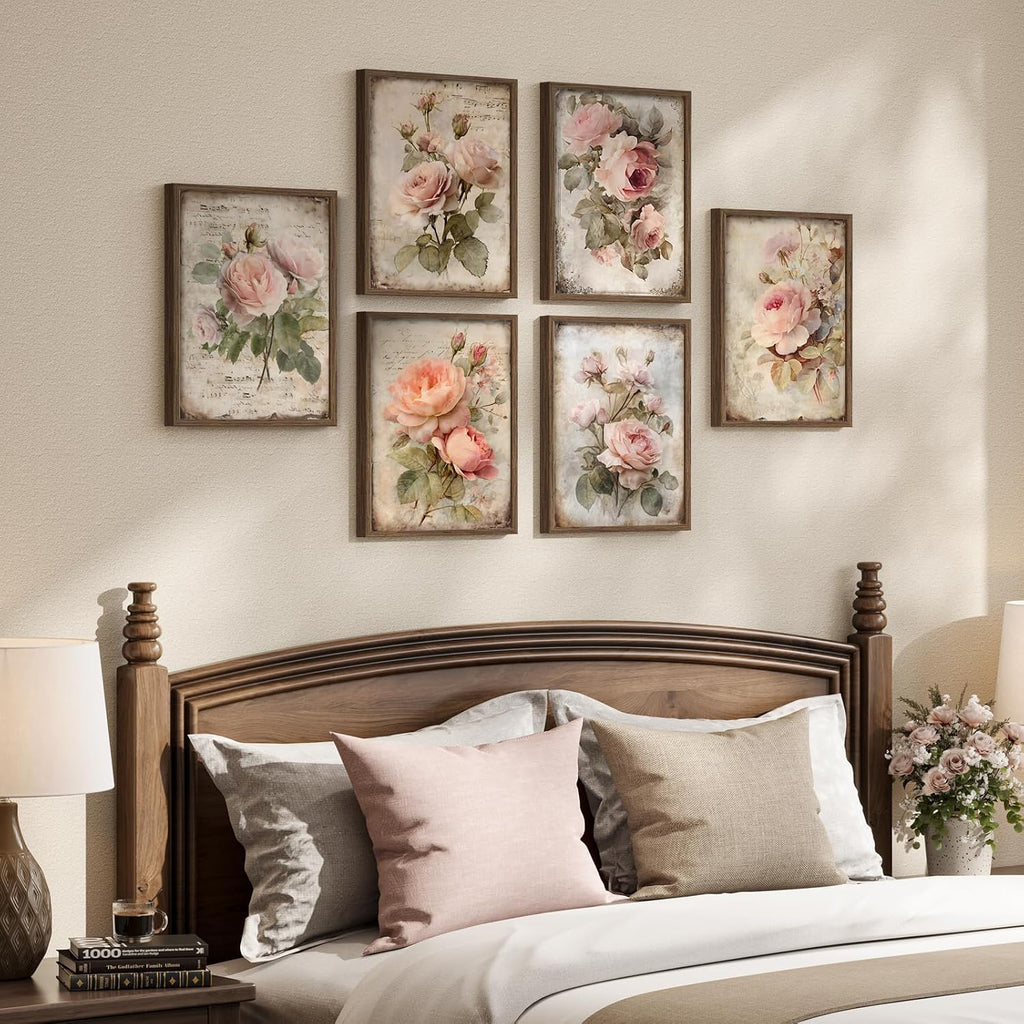 Framed Vintage Floral Wall Art, Set of 6 Boho Pink Rose Flower Canvas Painting Prints Artwork for Rustic Farmhouse