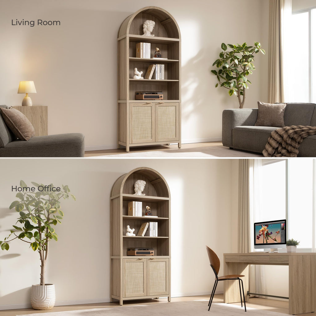 84.2" Tall Arched Bookcase with Doors - 5 Tier Rattan Bookshelf