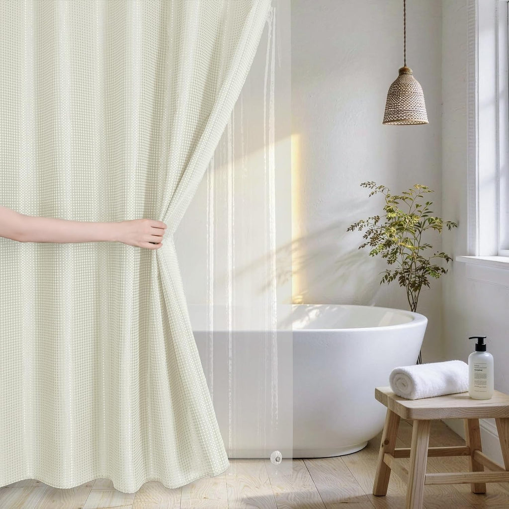 3 in 1 Waffle Shower Curtain Set with Liner, Ivory, 72 x 72 | Shower Curtain and Liner Set with Hooks, Waterproof