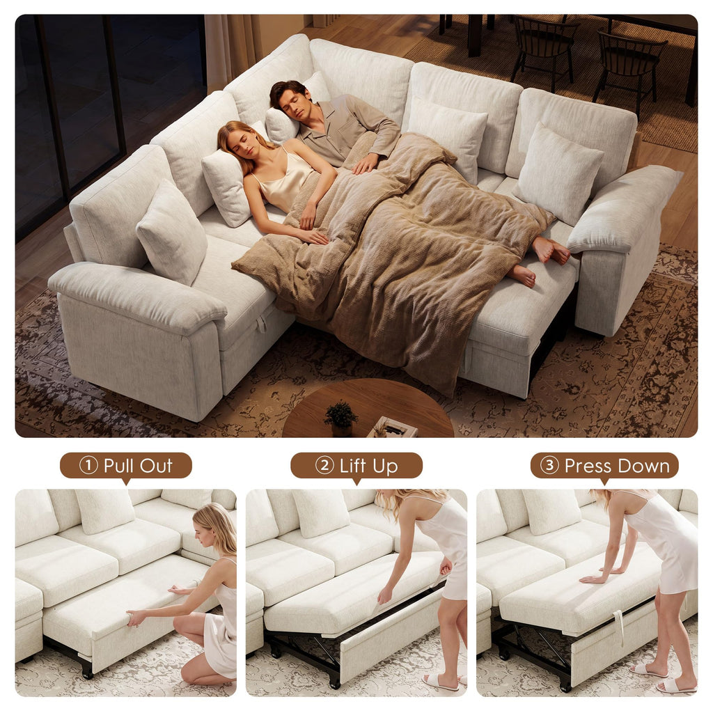 86" Modular Sectional Sofa with Pull Out Bed, 5-Seater L Shaped Sectional Sleeper Couch with Storage, Chenille
