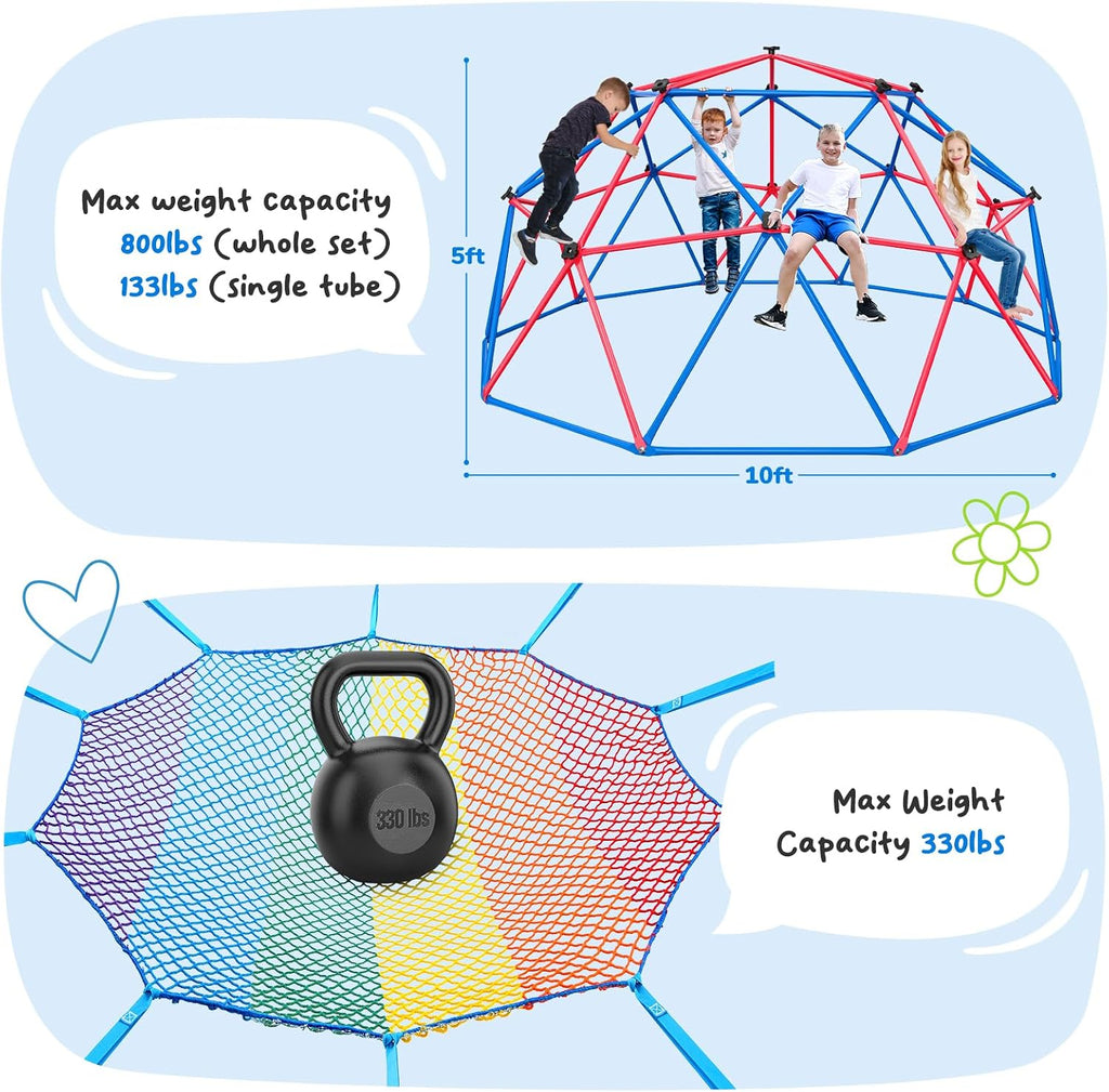 10 ft Climbing Dome with Climbing Cargo Net for Kids 3-12