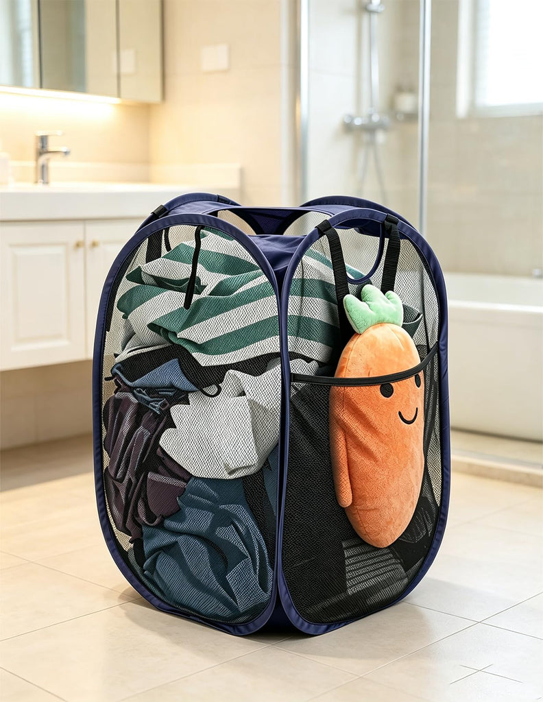 2Pack Strong Mesh Pop Up Laundry Hamper, 70L Collapsible Laundry Basket with Steel Frame, Double‐Stitched Handles &