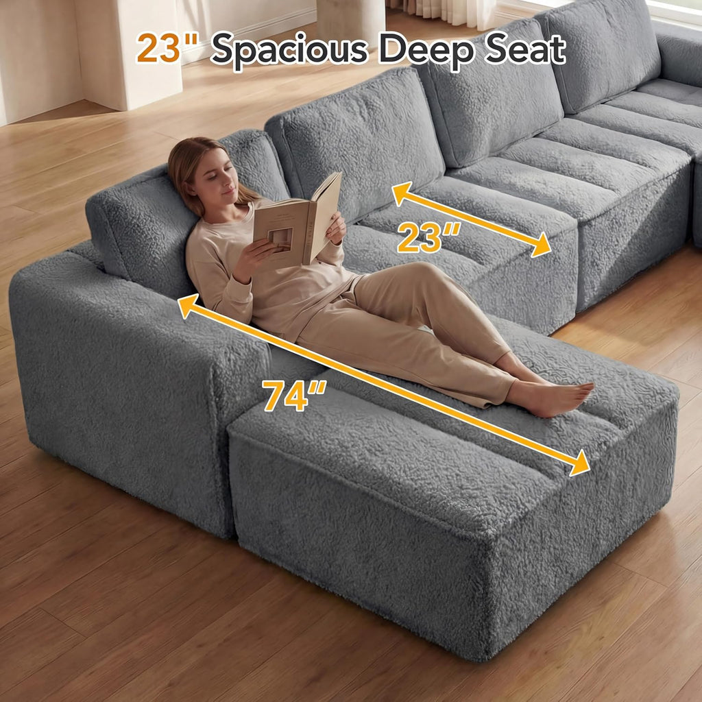 145" U Shaped Modular Sectional Sofa with Ottoman, Boneless Comfy Couch with Layered Cushion
