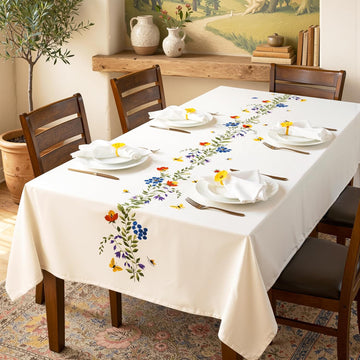 Embroidered Cotton Tablecloth 60 x 90 Inch Rectangle - Washable & Colorfast Table Cover, Farmhouse, 