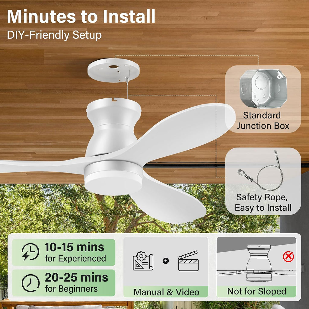 42 Inch Smart Flush Mount Ceiling Fan with Light and Remote - Low Profile, 3 Solid Wood Blades, Dimmable LED, Works with Alexa & Google - White
