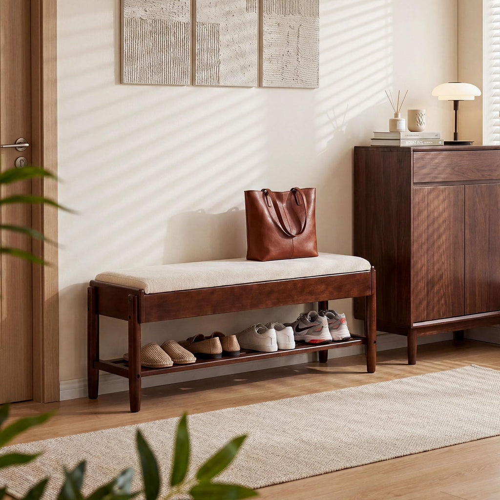 39.3" Solid Wood Shoe Rack Bench with Flip-Top Storage, 2 Tier Shoe Rack Bench with Chenille Cushion, Closet