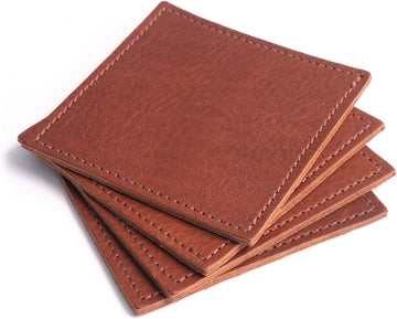 American Made Leather Coasters - Premium Full Grain Leather, Double Layered Square Rustic Brown Coaster Set, 4"x4" - Set of 4