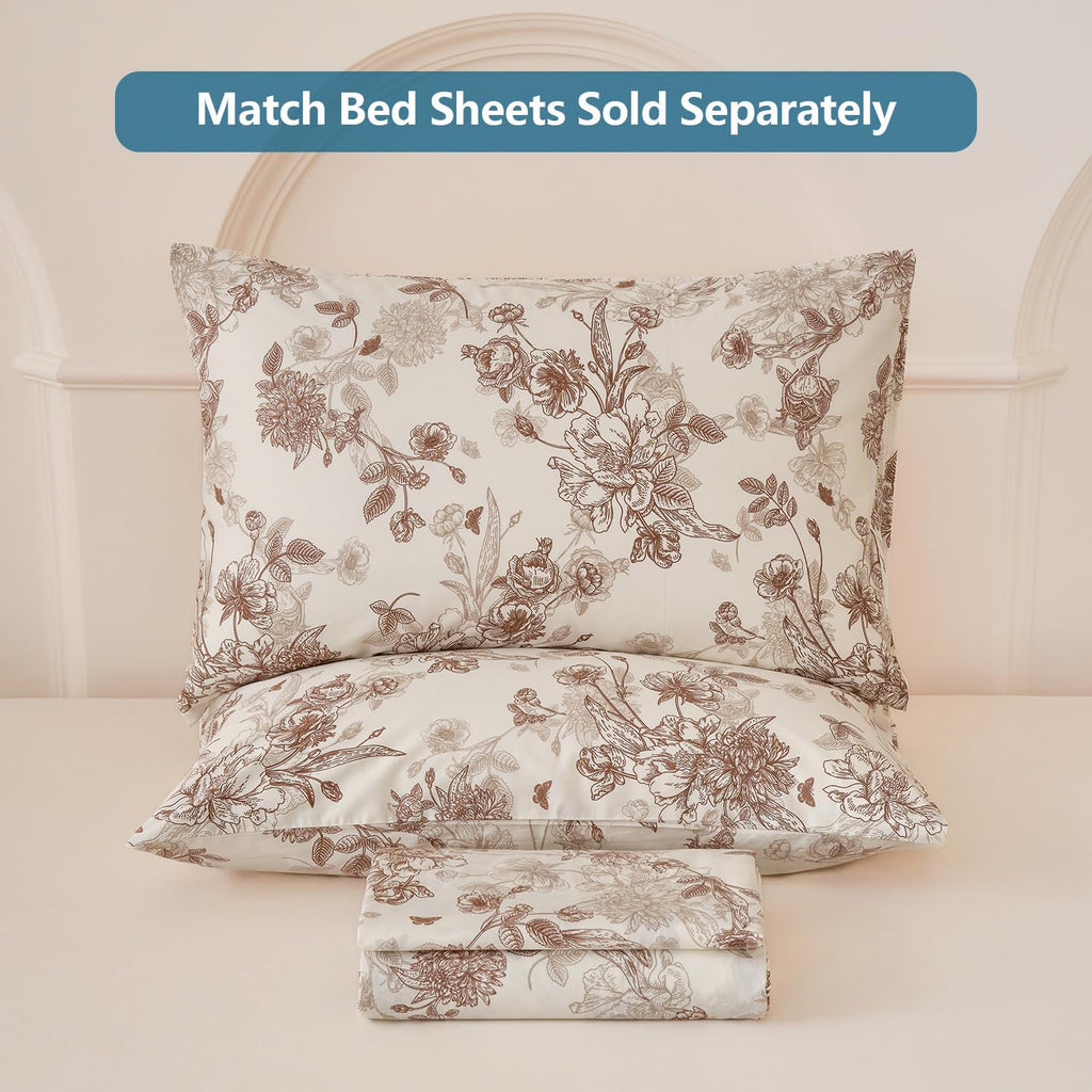 Brown Floral Duvet Cover Set 100% Percale Cotton Shabby Vintage Toile Flower Printed Comforter Covers with