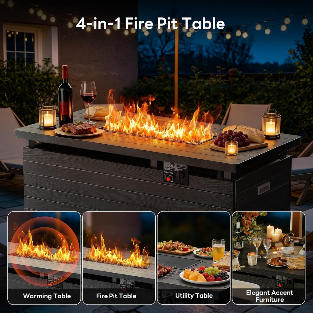 51" Outdoor Propane Fire Pit Table, 50000 BTU 4-in-1 Gas Fire Pits | Blue Glass Stones, Steel Tabletop, Adjustable