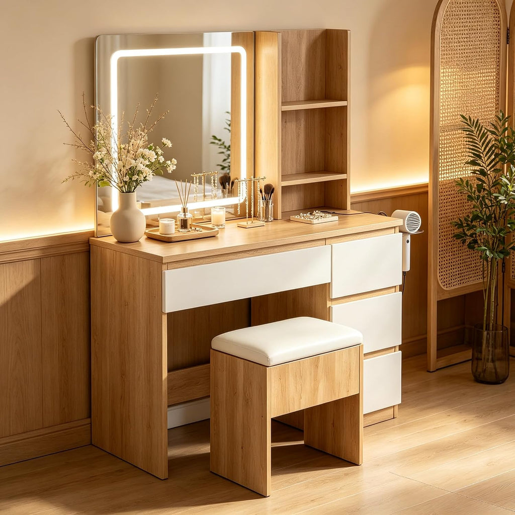 Makeup Vanity Desk with 3-Color LED Lighted Mirror, 4 Drawers & Power Outlet, Vanity Set with Charging Station