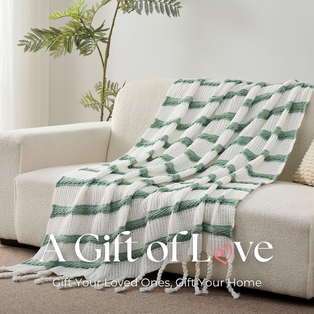 Boho Knitted Chenille Blanket with Tassels - Lightweight & Soft All-Season Throw - 3D Classic Pattern Bedroom Couch