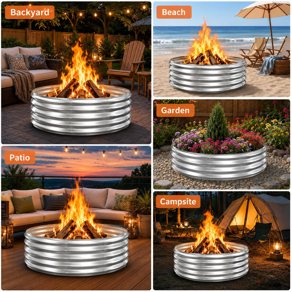 48in Outdoor Fire Pit Ring, Heavy Duty Galvanized Steel Wood Burning Fire pits, Portable for Backyard Bonfire, Outside