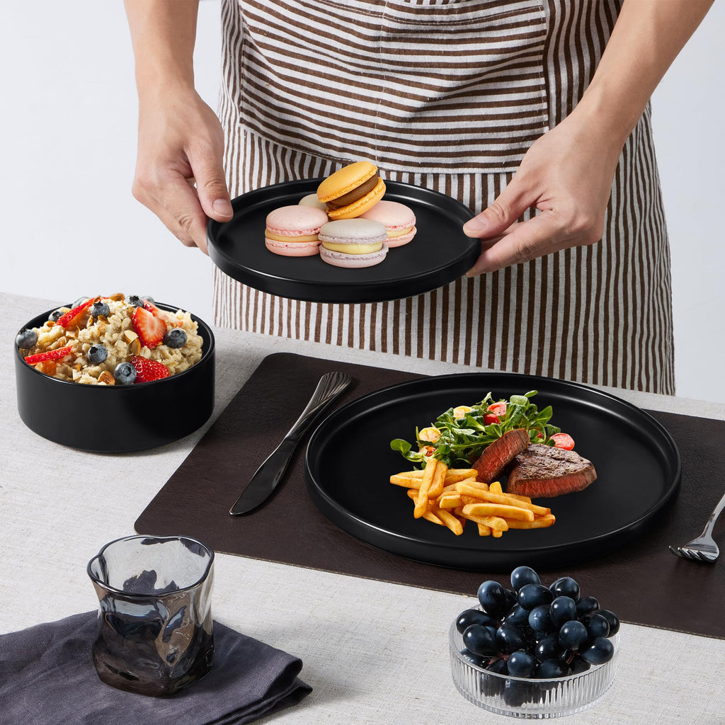 Black Dinnerware Sets for 8, 24-Piece Stoneware Plates and Bowls Sets