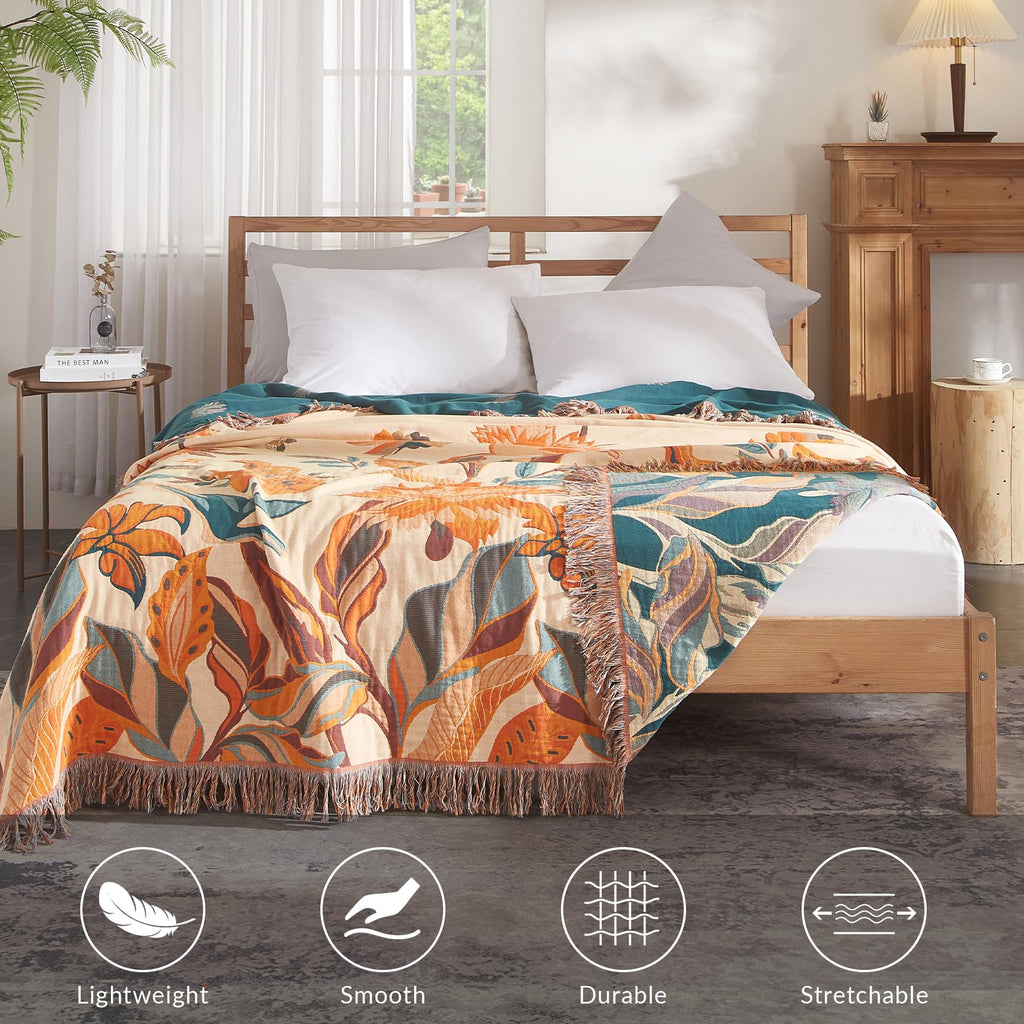 Boho Throw Blanket, 100% Cotton, Woven Floral Pattern, 50"x60"