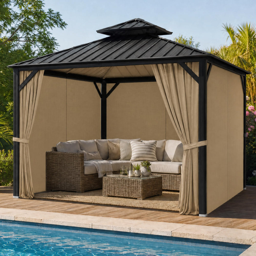 10 x 12 Ft Gazebo Curtains, 4 Panels with Zippers, Khaki