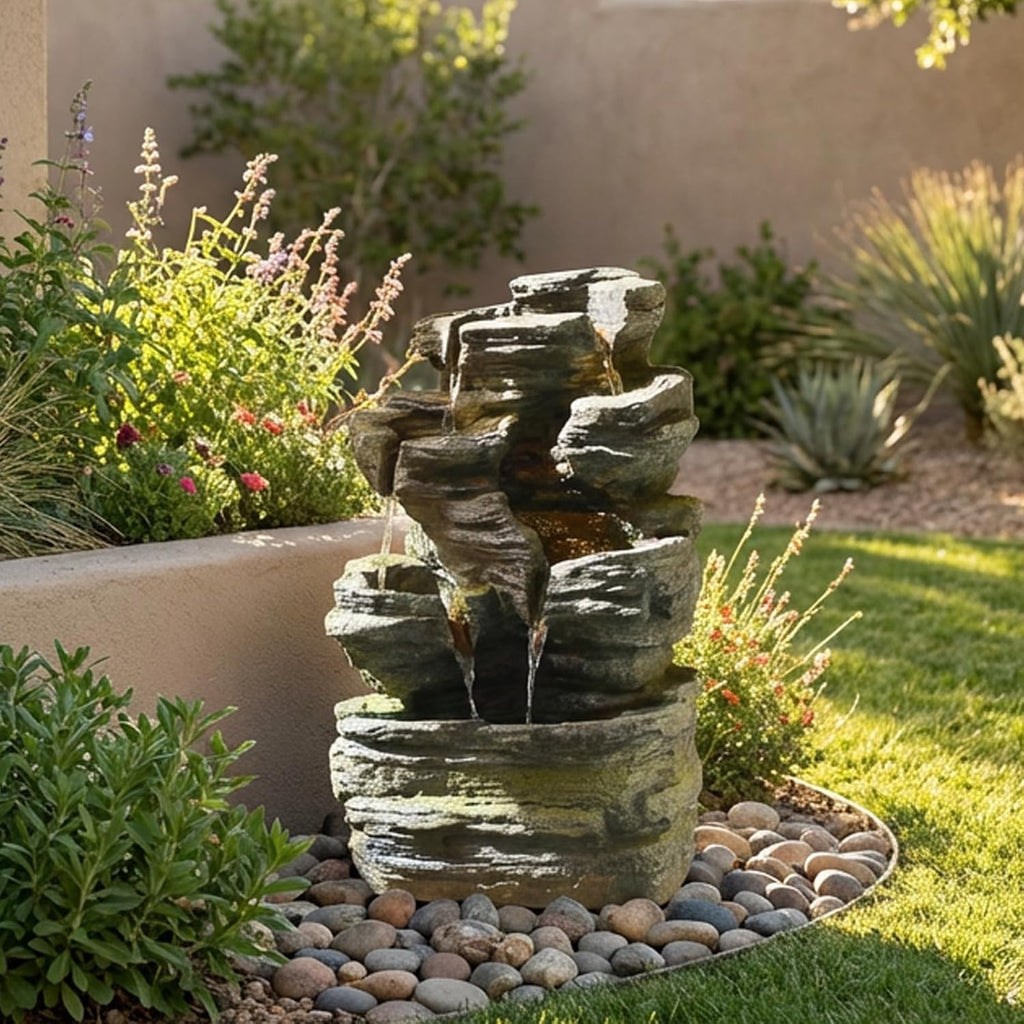 24.2" H Rock Cascading Water Fountain Outdoor&Indoor, 6-Tier Garden Fountains, Floor-Standing Waterfall with Lights