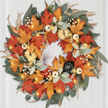 Realistic Fall Wreath with Lights/Timer 24 inch Fall Wreaths for Front Door with Pumpkins Autumn Wreath for