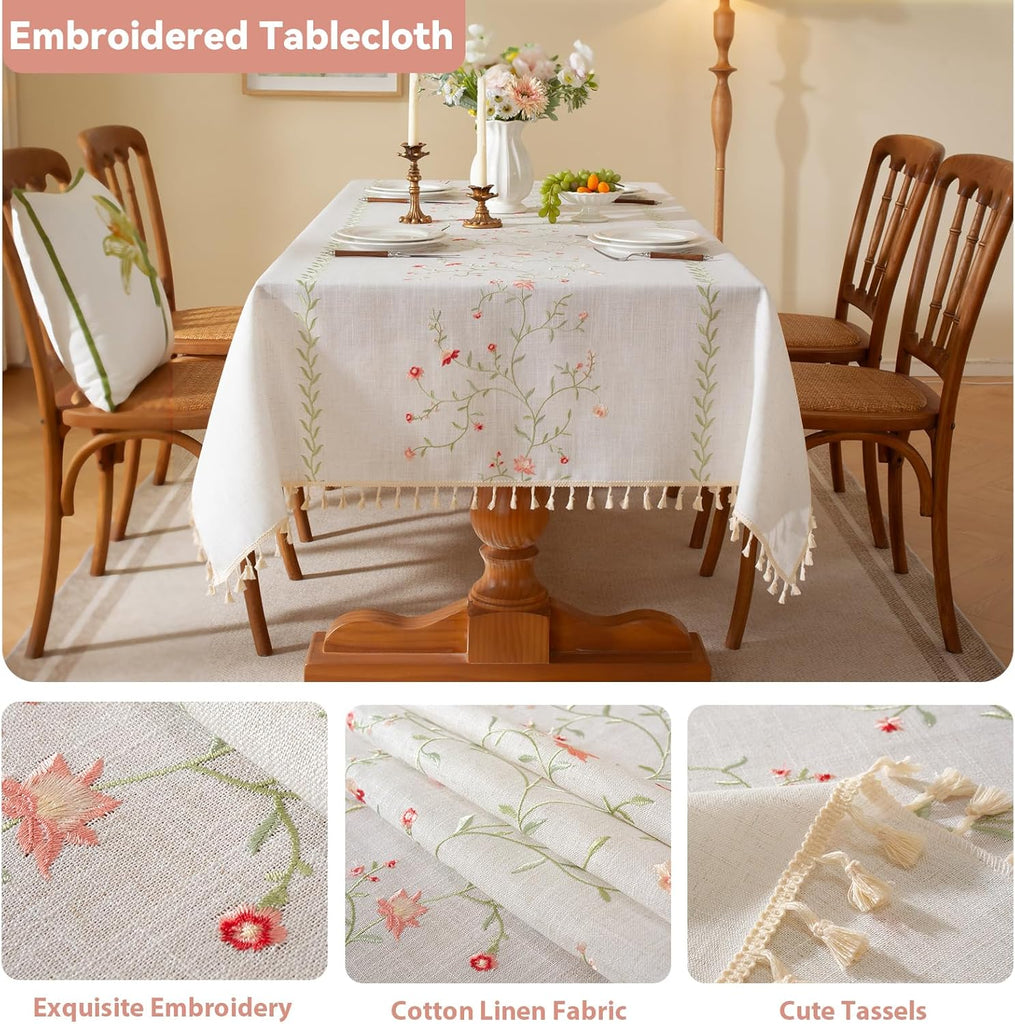 Summer Pink Floral Table Cloth Rectangle Table, Embroidery Heavy Duty Cotton Linen Tablecloth, Farmh