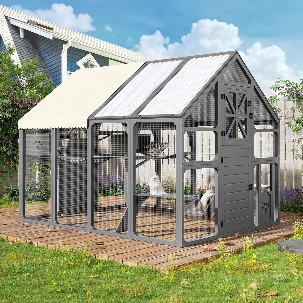Extra Large Outdoor Catio for Multiple Cats, Walk-in Wooden Cat Enclosure with Bridges, 8 Platforms, 2 Resting